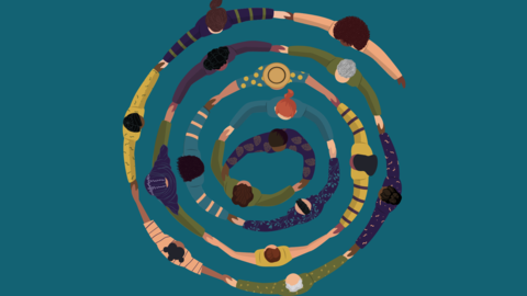 A spiral of people embracing one person