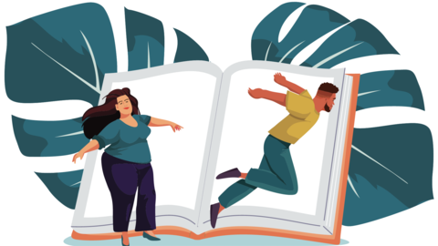 Two individuals in front of a book