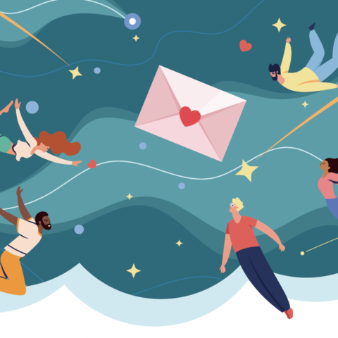 People flying towards an envelope