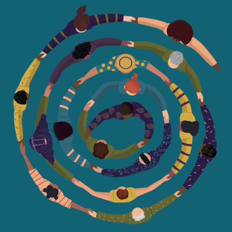 A spiral of people embracing one person