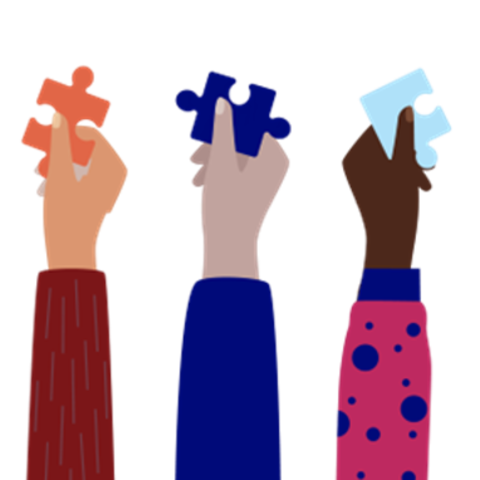a row of hands holding puzzle pieces