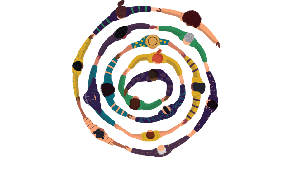 People embracing around a center person